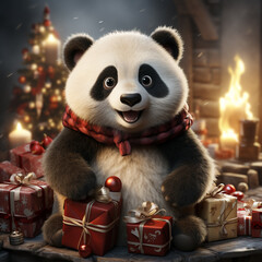 A cheerful panda wearing a cute Christmas dress and a Santa hat, surrounded by festive decorations.