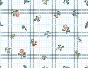 Vintage floral Design Garden small Flower ,  Small  floral liberty kitchen towel and tablecloths inspired Seamless Pattern Vector on plaid check,