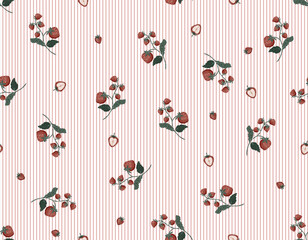 Seamless summer pattern with hand drawn strawberries and hand painted stripes vintage style .Seamless summer pattern with hand drawn strawberries and hand painted stripesvintage style