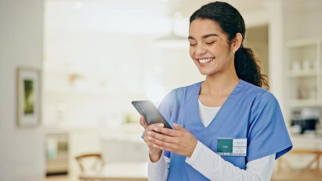 Nurse, woman and phone at nursing home, social media post and networking for healthcare or medical service. ADN student, doctor or young caregiver smile and scroll for mobile contact or telehealth