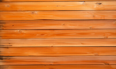 Obraz premium Wooden wall featuring horizontal orange planks of varying widths, adorned with a natural wood grain texture and knots adding to its natural look.