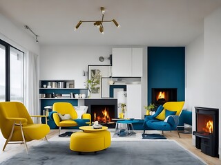 Yellow chair and blue sofa in room with fireplace. Scandinavian home interior design of modern living room in house by lake.