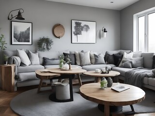 Sofa and lounge chair against grey wall with rustic shelves. Scandinavian home interior design of modern living room in attic.