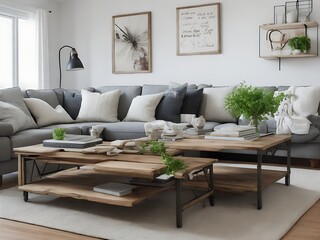 Sofa and lounge chair against grey wall with rustic shelves. Scandinavian home interior design of modern living room in attic.