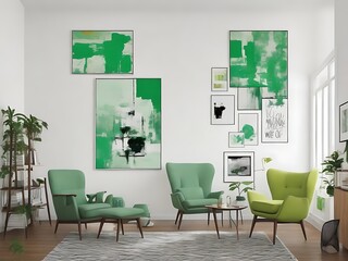 Light green wingback chair against white wall with big art poster frame. Mid-century home interior design of modern living room.