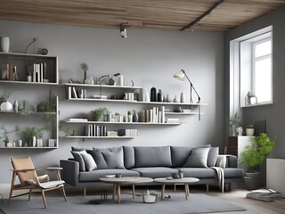 Sofa and lounge chair against grey wall with rustic shelves. Scandinavian home interior design of modern living room in attic.