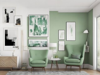 Light green wingback chair against white wall with big art poster frame. Mid-century home interior design of modern living room.