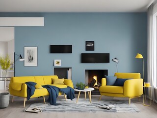 Yellow chair and blue sofa in room with fireplace. Scandinavian home interior design of modern living room in house by lake.