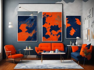 Orange sofa and armchair against dark blue classic wall with marbling poster. Art deco home interior design of modern living room.