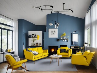Yellow chair and blue sofa in room with fireplace. Scandinavian home interior design of modern living room in house by lake.