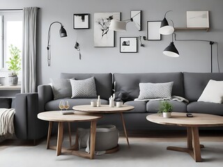 Sofa and lounge chair against grey wall with rustic shelves. Scandinavian home interior design of modern living room in attic.