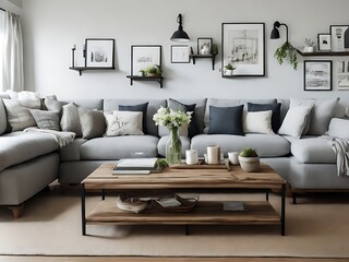 Sofa and lounge chair against grey wall with rustic shelves. Scandinavian home interior design of modern living room in attic.