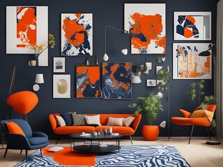 Orange sofa and armchair against dark blue classic wall with marbling poster. Art deco home interior design of modern living room.