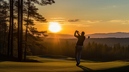 A golfer executing a powerful swing with a sweeping view of a sun-kissed fairway, celebrating the grace and strength of the golf swing