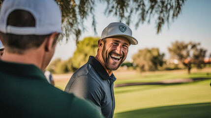 A golfer enjoying a friendly round in the company of fellow players, sharing laughter and camaraderie on the links