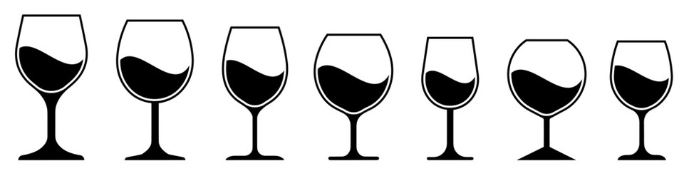 Wine glass icon with wine. Set of various wine glasses. Black silhouettes