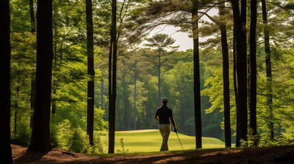 A golfer lining up their tee shot with a lush forest as a backdrop, highlighting the symbiotic relationship between golf and the natural world