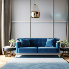 A blue sofa in a living room with a golden lamp on the wall.