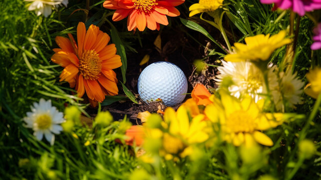 A golfer's ball dropping into the cup, surrounded by vibrant flowers, adding a touch of natural beauty to the excitement of a successful hole