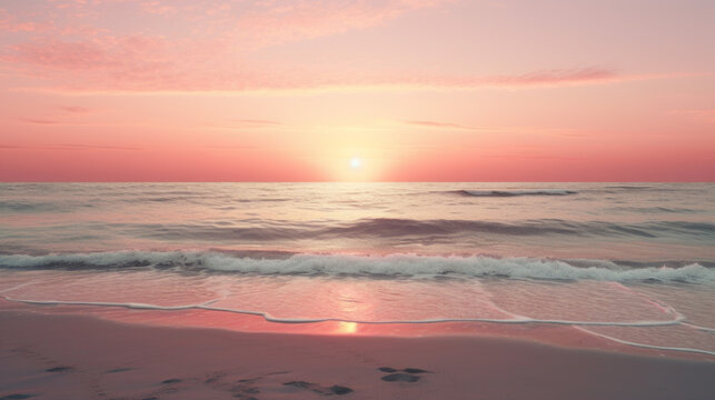 A lonely beach stands against a wide expanse of ocean, the sun setting in the distance and casting a beautiful pink light 