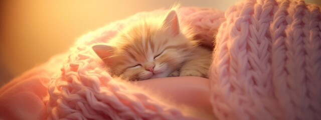 Ginger tabby cat sleeping on white bed. Happy cute kitten resting at home. Adorable pet sleep on cozy orange plaid. Lazy sunny mourning concept. Peach fuzz - color of the year 2024	