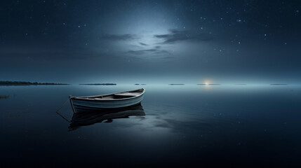 A lone boat drifts across a still lake, the moonlight glimmering on its rippling surface - obrazy, fototapety, plakaty