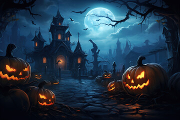 Fototapeta premium Halloween background with pumpkins and bats dark atmosphere under the moonlight and dark forest.