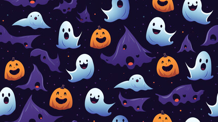 Cute ghosts on seamless pattern with Spooky skulls