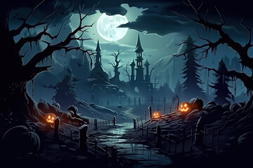 Halloween background with pumpkins and bats dark atmosphere under the moonlight and dark forest.