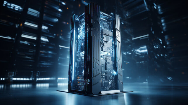 A large computer tower hums away, its fans spinning rapidly as it processes data