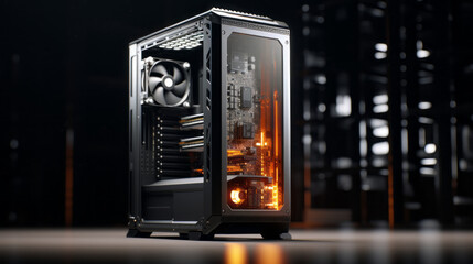 A large computer tower hums away, its fans spinning rapidly as it processes data