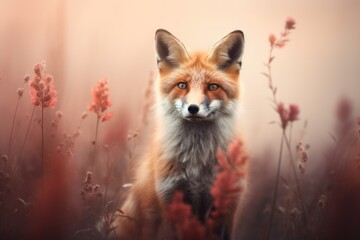 Obraz premium Cute red fox sitting on autumn field with wildflowers. Beautiful vulpes vulpes animal in the nature habitat. Wildlife scene from the wild nature. Wallpaper, beautiful fall background