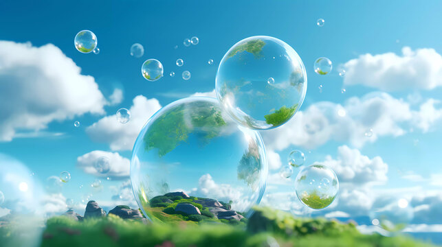 A blue and green earth floating in the air with bubbles around it and a blue sky background with clouds