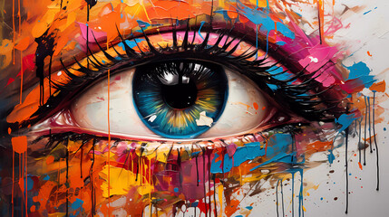 A close up of an eye with colorful paint splatters on it's irise and the irise of the eye