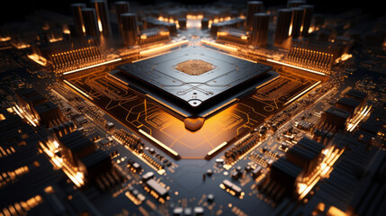 A large and complicated circuit board, its intricate design illuminated by a bright light 