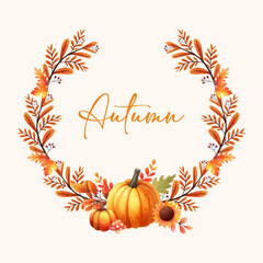 Vector Beautiful Autumn Watercolor fall leaf, pumpkin Wreath Frame