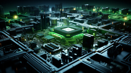 A large and complicated circuit board, its intricate design illuminated by a bright light 