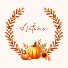 Vector Beautiful Autumn Watercolor fall leaf, pumpkin Wreath Frame