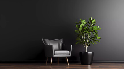 A living room with a black wall and wooden floors and a black chair and ottoman with a plant in the corner
