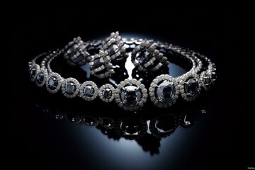 dark background with jewelry adorned in round diamonds. Generative AI