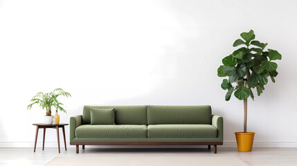 A living room with a green couch and a potted plant on the side of the couch and a white rug