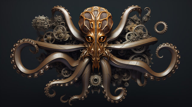A 3D futuristic biomechanical octopus. Cyberpunk, Steampunk, Creature, gear and clockwork mechanism