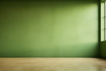 Green empty wall with a sunlight window create leaf shadow on wall with blur indoor green plant
