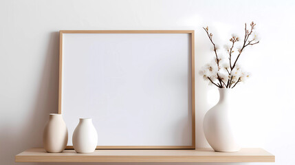 A picture frame and vases with flowers on a shelf with a blank space for a picture or a picture
