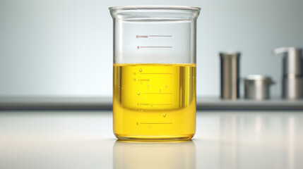 A laboratory beaker filled with a cloudy yellow liquid