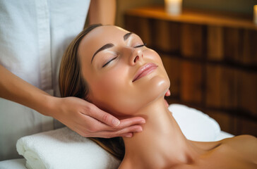 Obraz na płótnie Canvas A woman has a neck massage at her spa session
