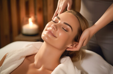 Obraz na płótnie Canvas A woman has a neck massage at her spa session