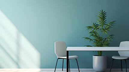 A room with a table and chairs and a plant in the corner of the room with a green wal