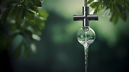 Fototapeta na wymiar A water drop with a cross on top of it and a water faucet hanging from the side of it