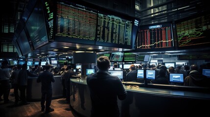 Stock exchange room with with a lot of trading people, forex concept